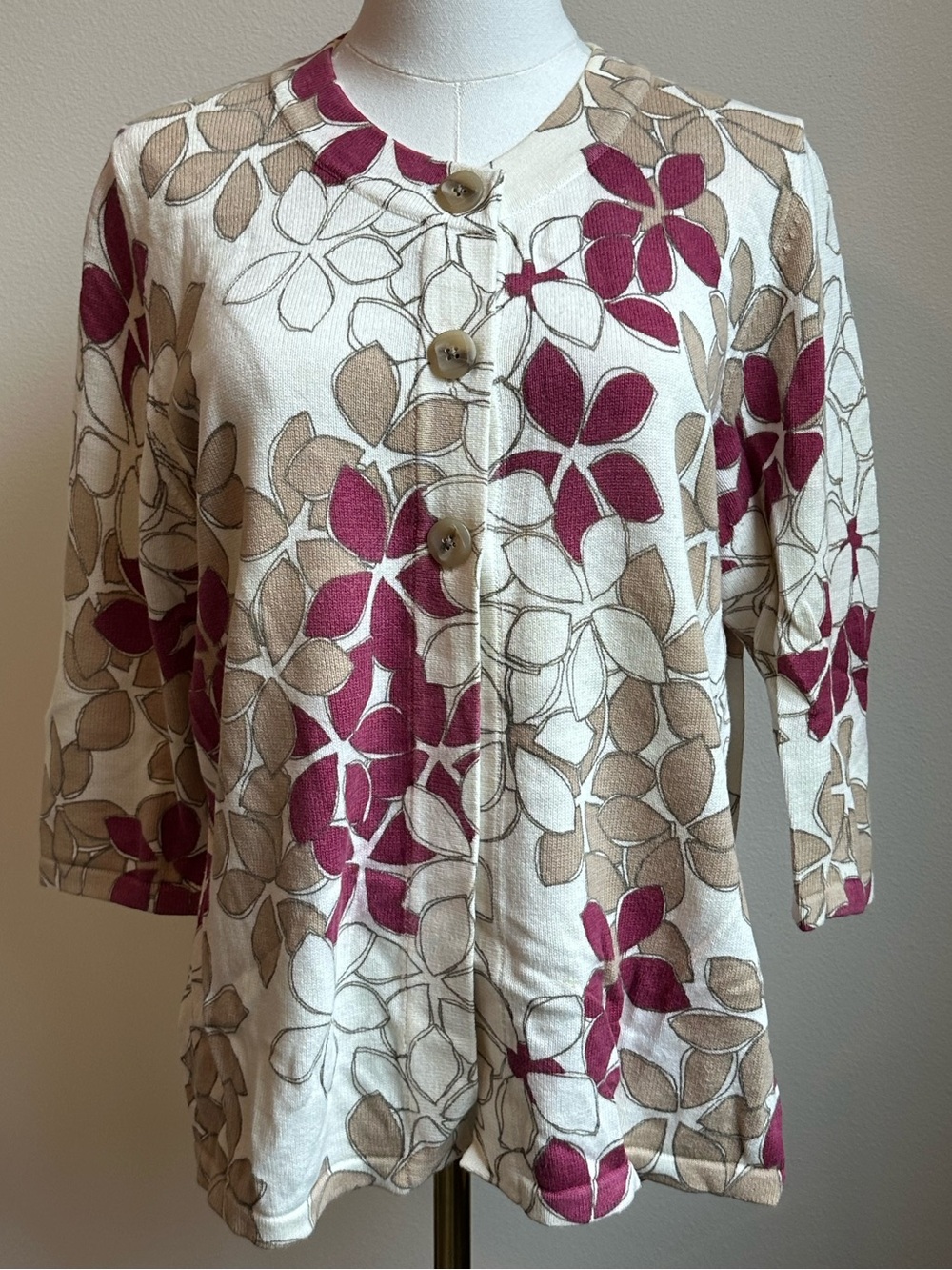 Vintage Eddie Bauer Floral Knit Sweater in Cream & Berry 100% Cotton | SIZE L
